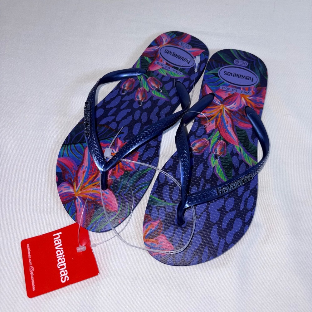 Havaianas Slim Tropical Flip Flops Size 6 Navy Blue Floral Leopard new Brazil